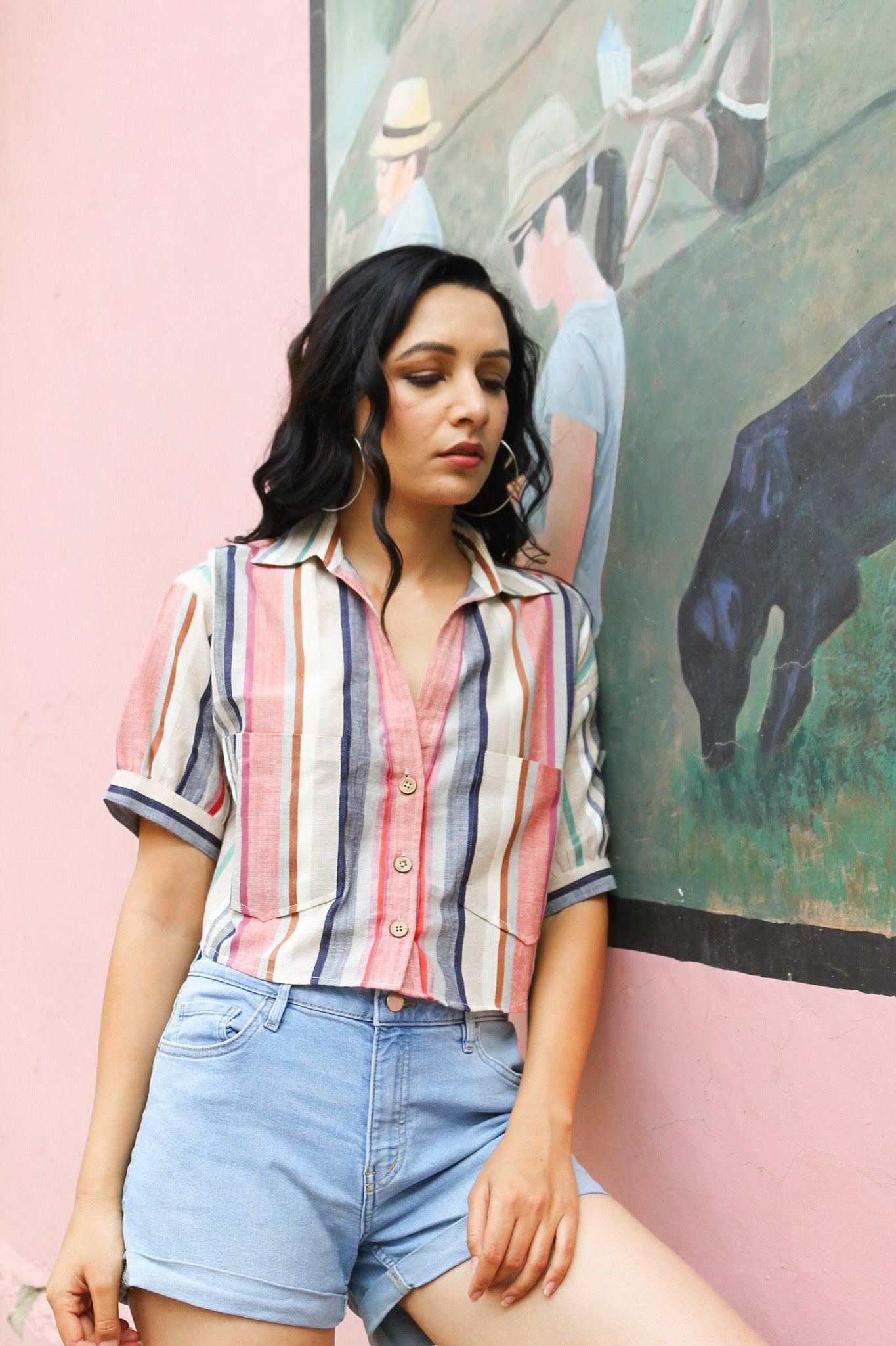 ShopKapaas Ecru Stripes Linen Crop Top