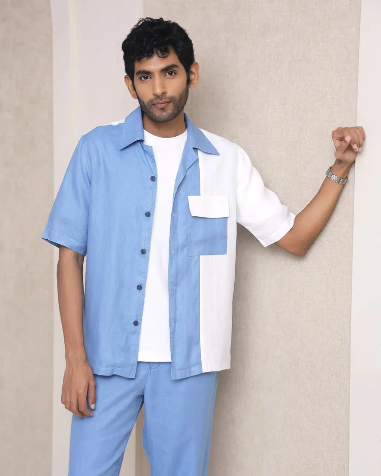 Blue Cuban Collar Aqua Colorblock Shirt