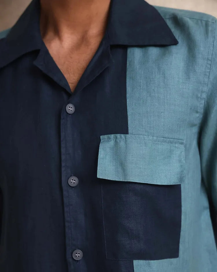 Navy Cuban Collar Aqua Colorblock Shirt
