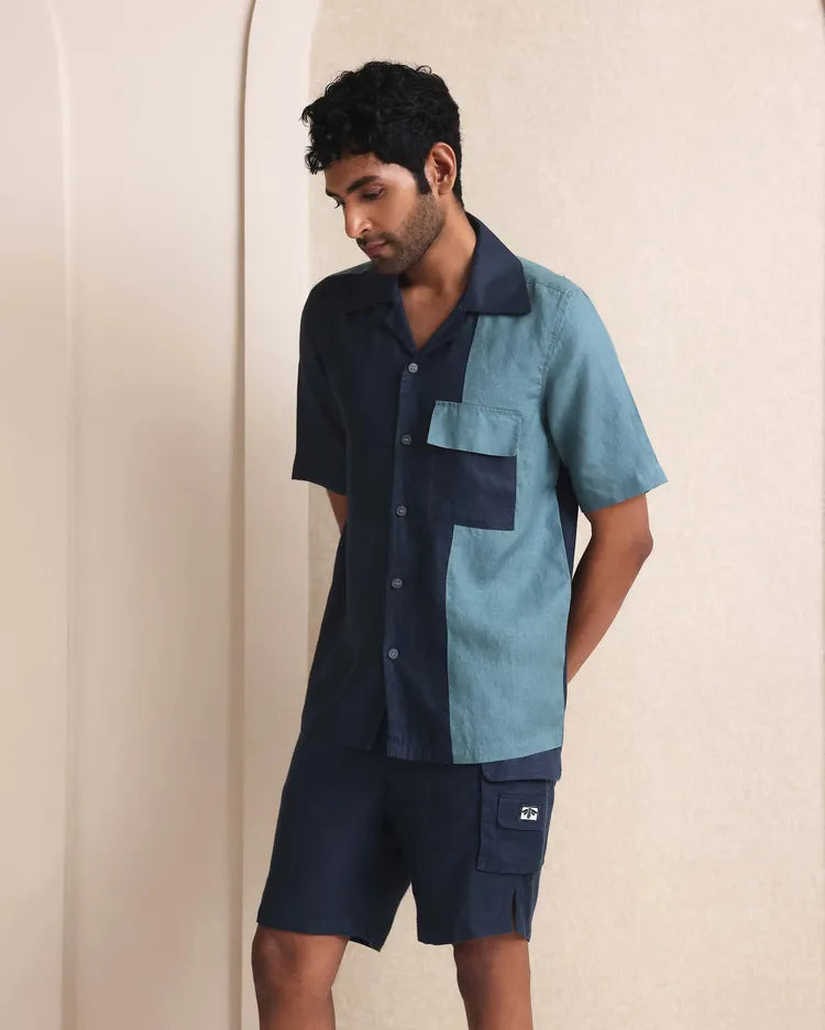 Navy Cuban Collar Aqua Colorblock Shirt