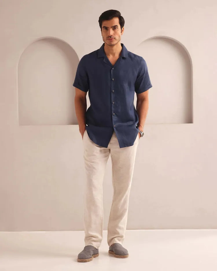 Navy Cuban Collar Arrow Shirt