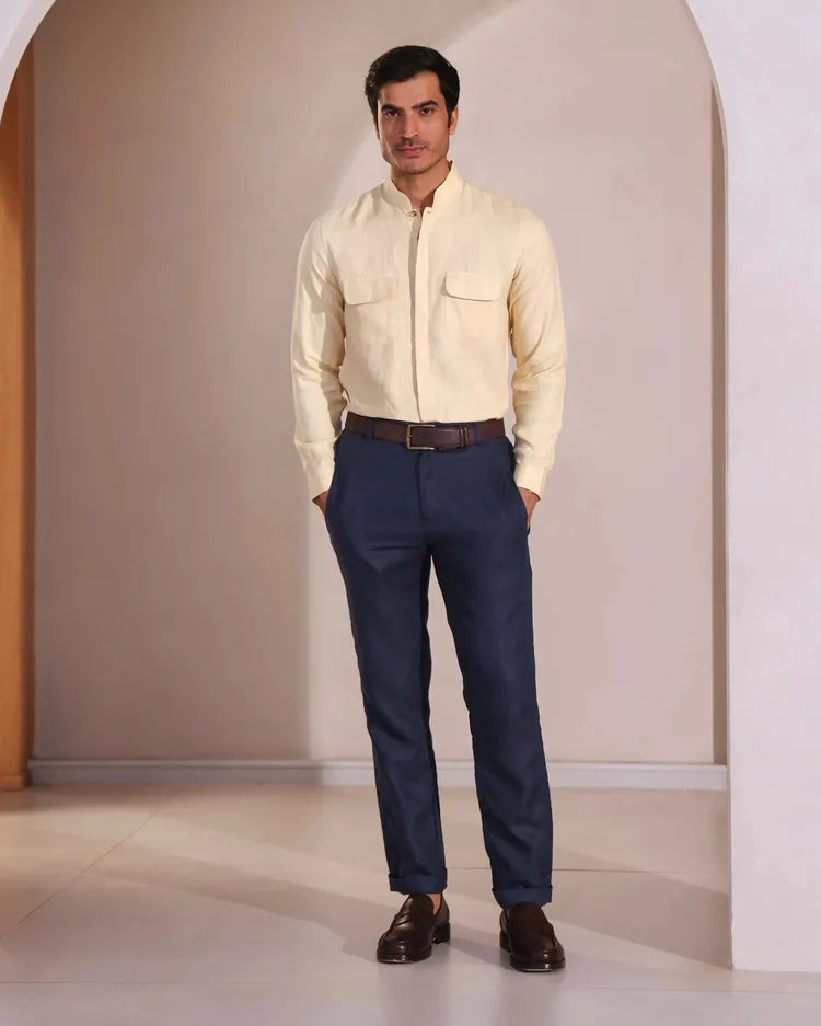 Beige Straight Fit Celestial Mandarin Shirt