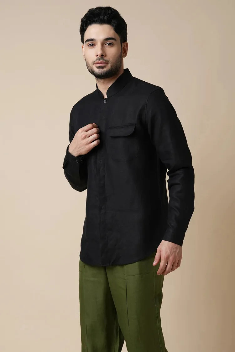 Black Straight Fit Celestial Mandarin Shirt