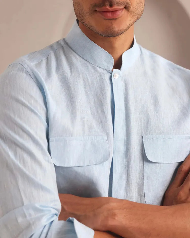 Light Blue Straight Fit Celestial Mandarin Shirt