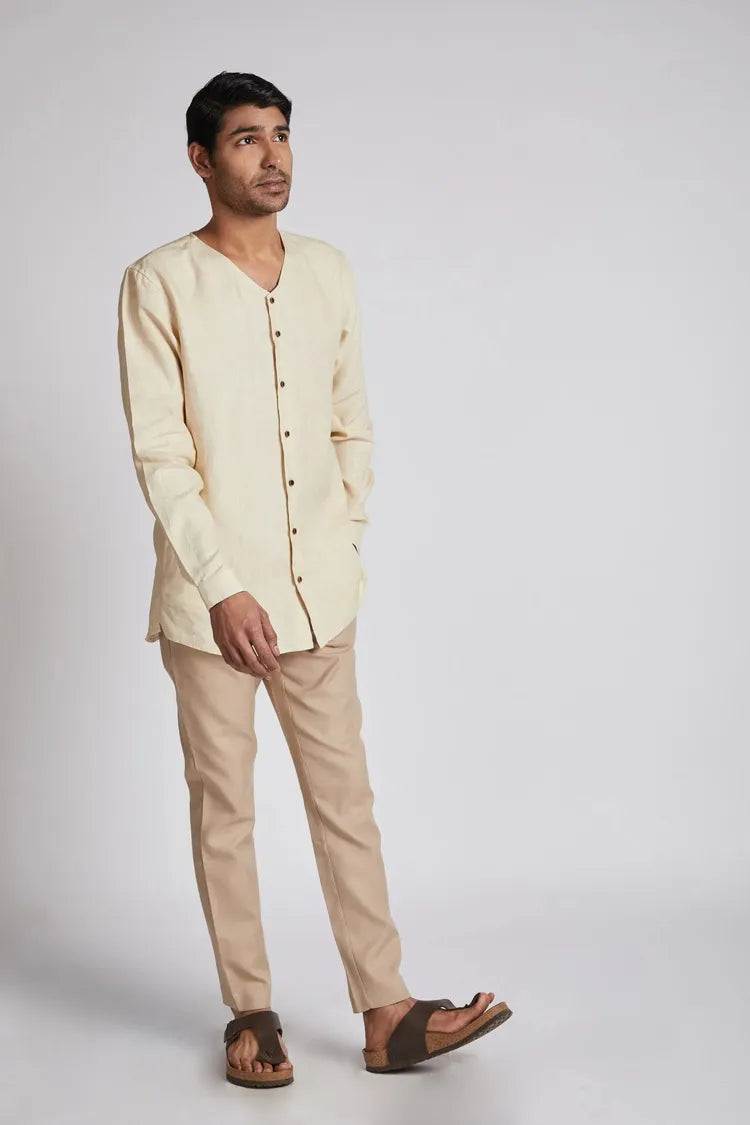 Beige Crescent V Neck Kurta
