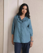 Blue Oversized Coral Ruffle Shirt