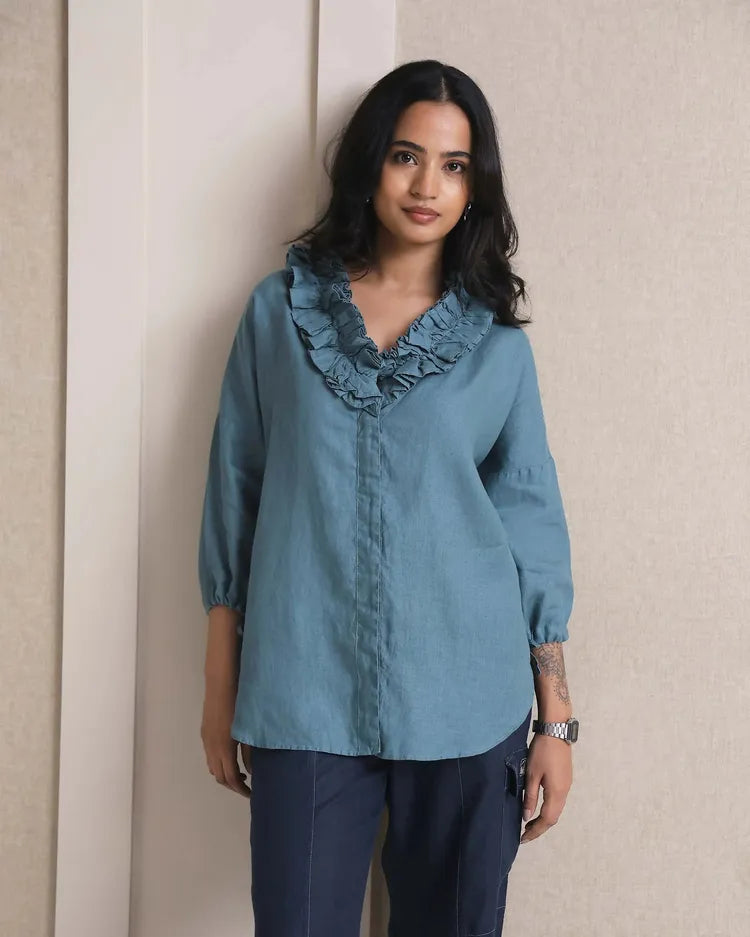 Blue Oversized Coral Ruffle Shirt