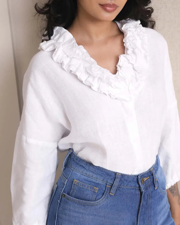 White Classic Oversized Coral Ruffle Shirt