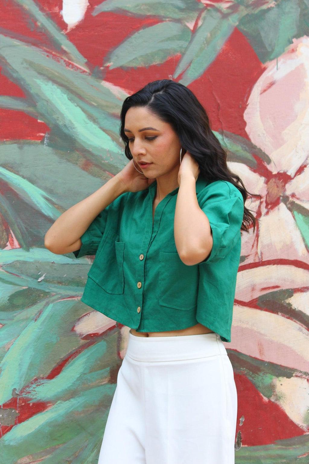 ShopKapaas Bottle Green Linen Crop Top