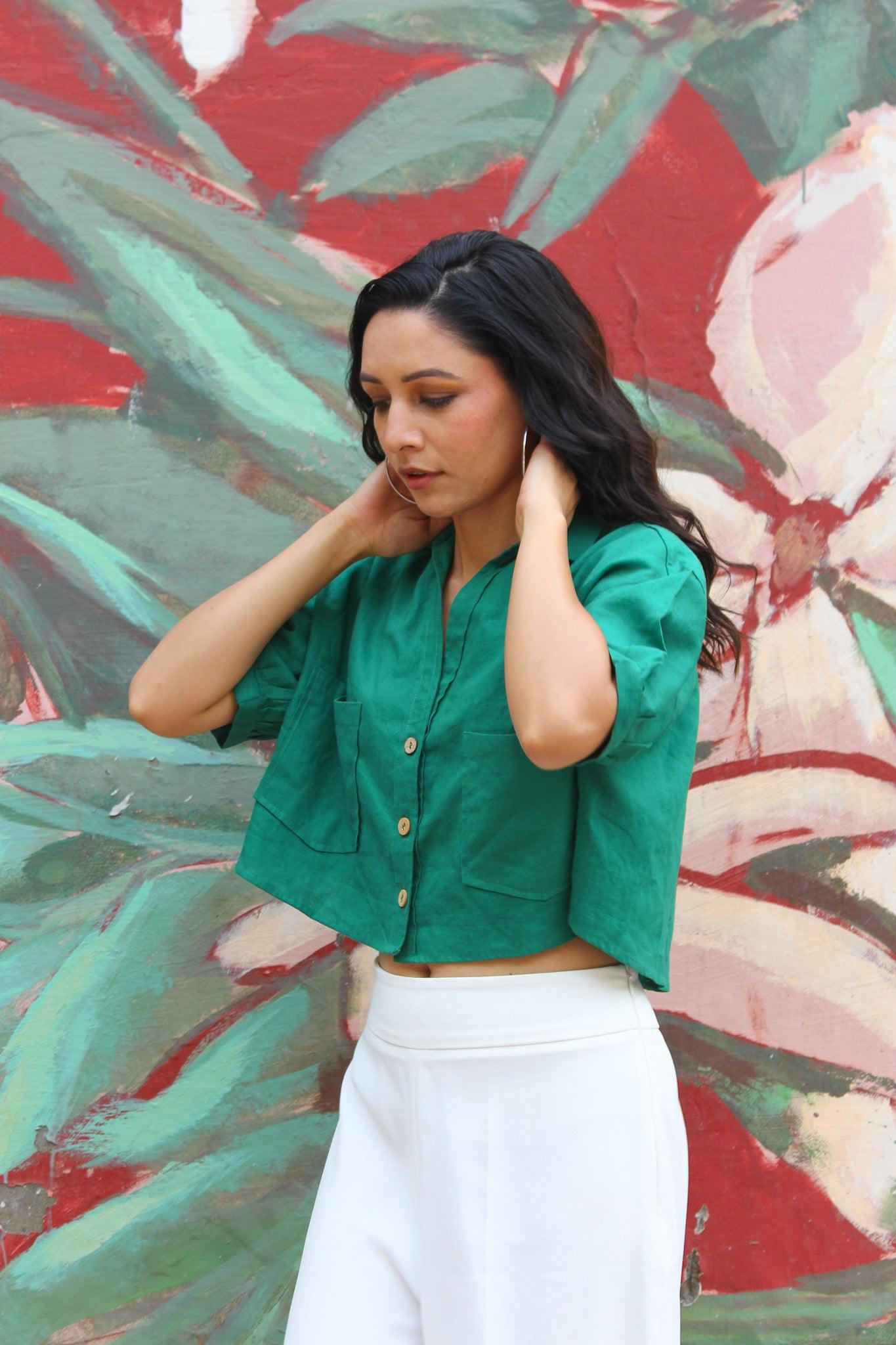 ShopKapaas Bottle Green Linen Crop Top