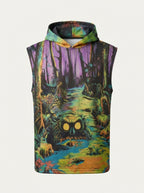 Men Printed Hooded Half Sweatshirt Green