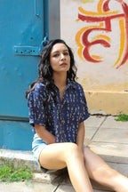 ShopKapaas Navy Printed Linen Crop Top