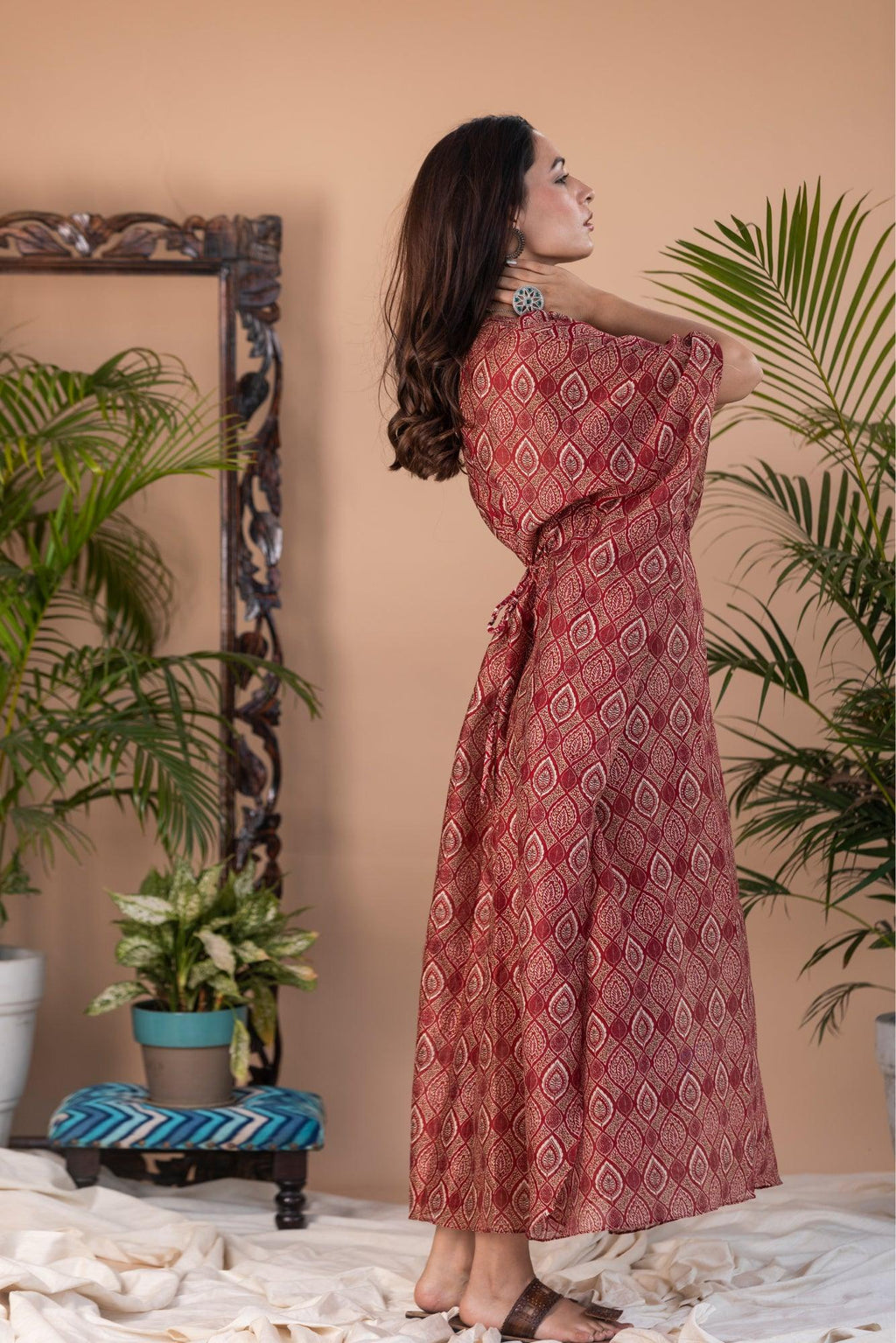 ShopKapaas Kaner - Red Ajrakh Block Print Long Kaftan