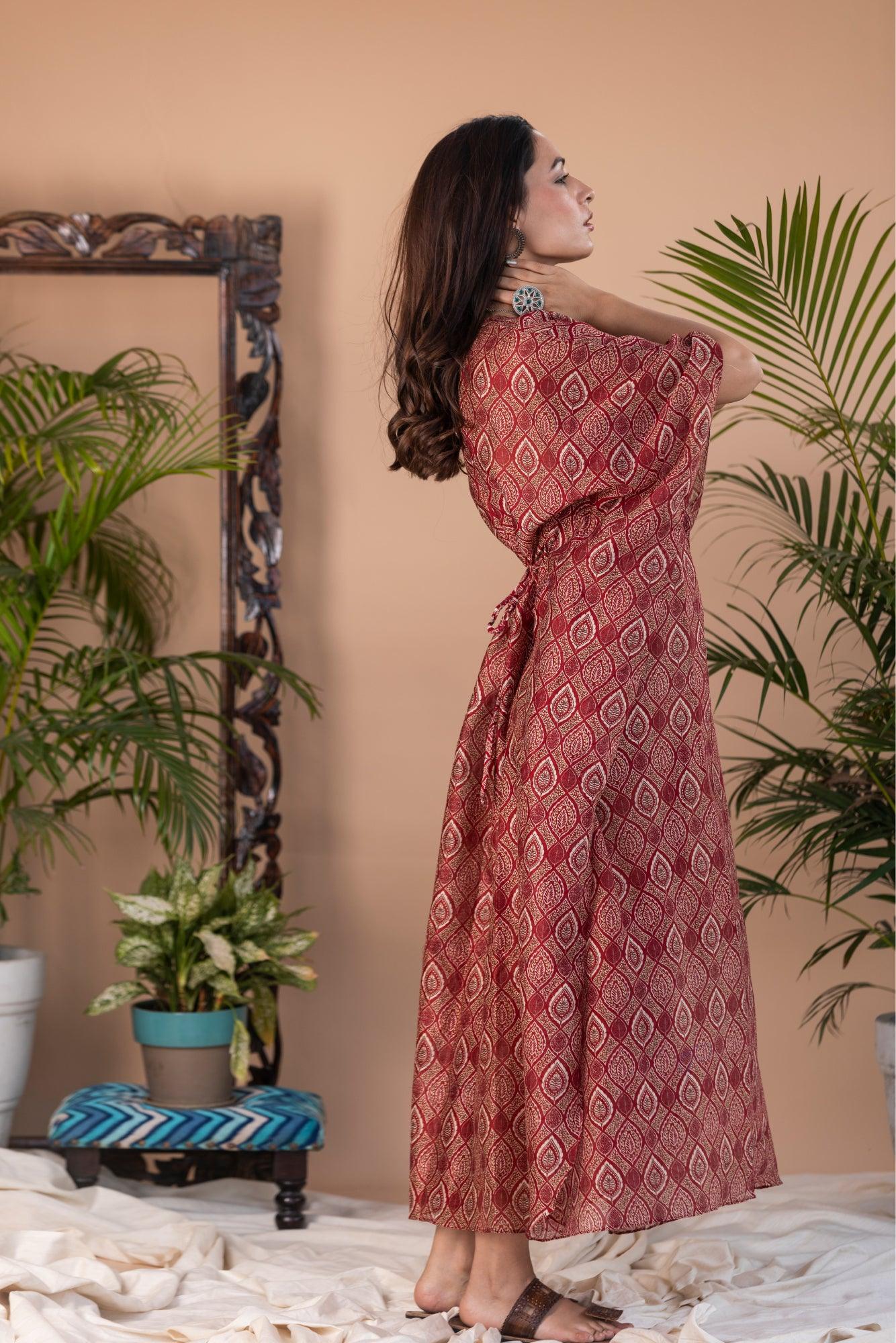 ShopKapaas Kaner - Red Ajrakh Block Print Long Kaftan