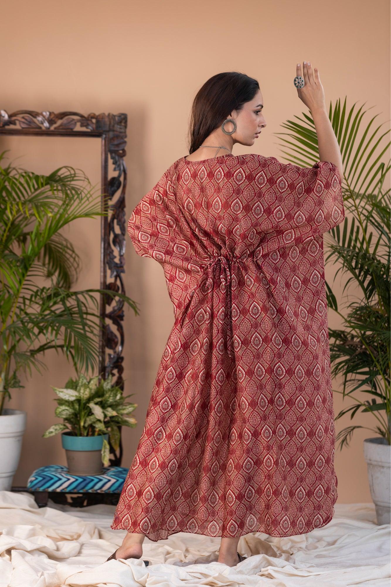 ShopKapaas Kaner - Red Ajrakh Block Print Long Kaftan