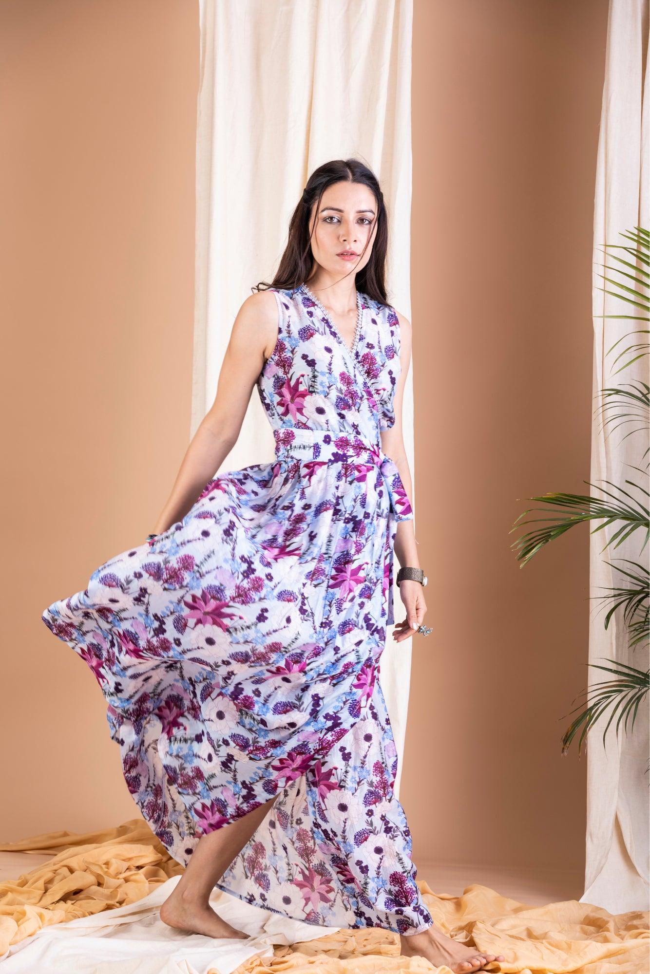 ShopKapaas Nazaha - Lilac Floral Long Wrap Dress