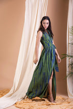 ShopKapaas Kaya - Olive green and Indigo Tie dye Long Wrap Dress