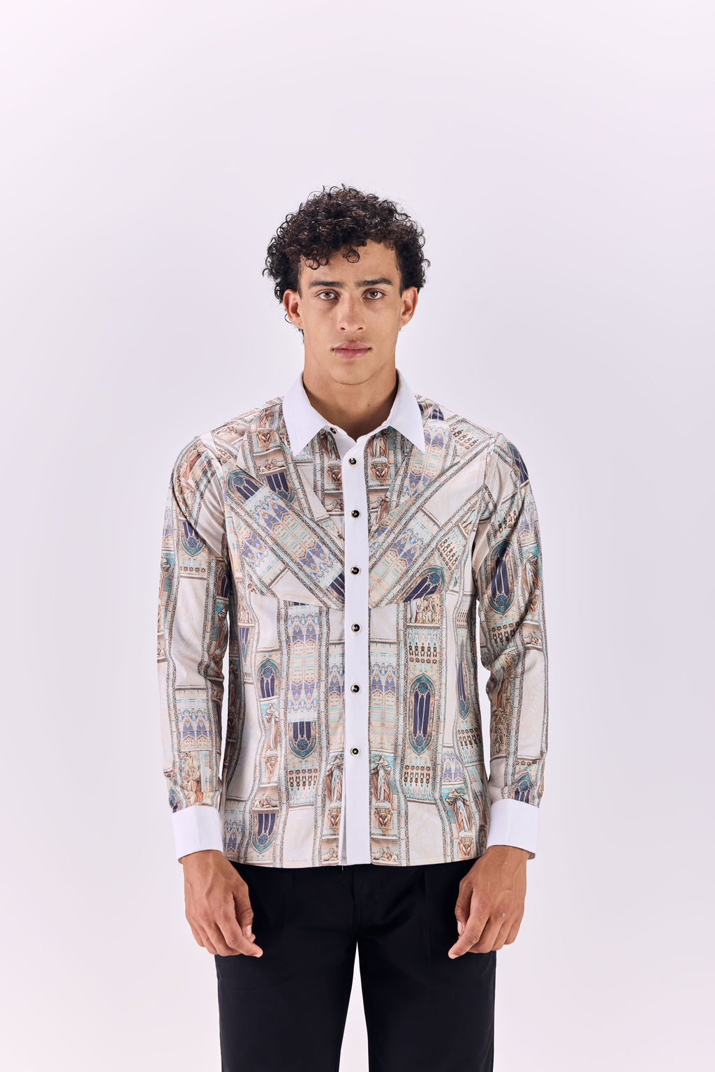 SAMMYUKK Contrast Collar Ancient Roman Print Button-Up Shirt - MULTICOLOR