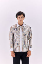 SAMMYUKK Contrast Collar Ancient Roman Print Button-Up Shirt - MULTICOLOR