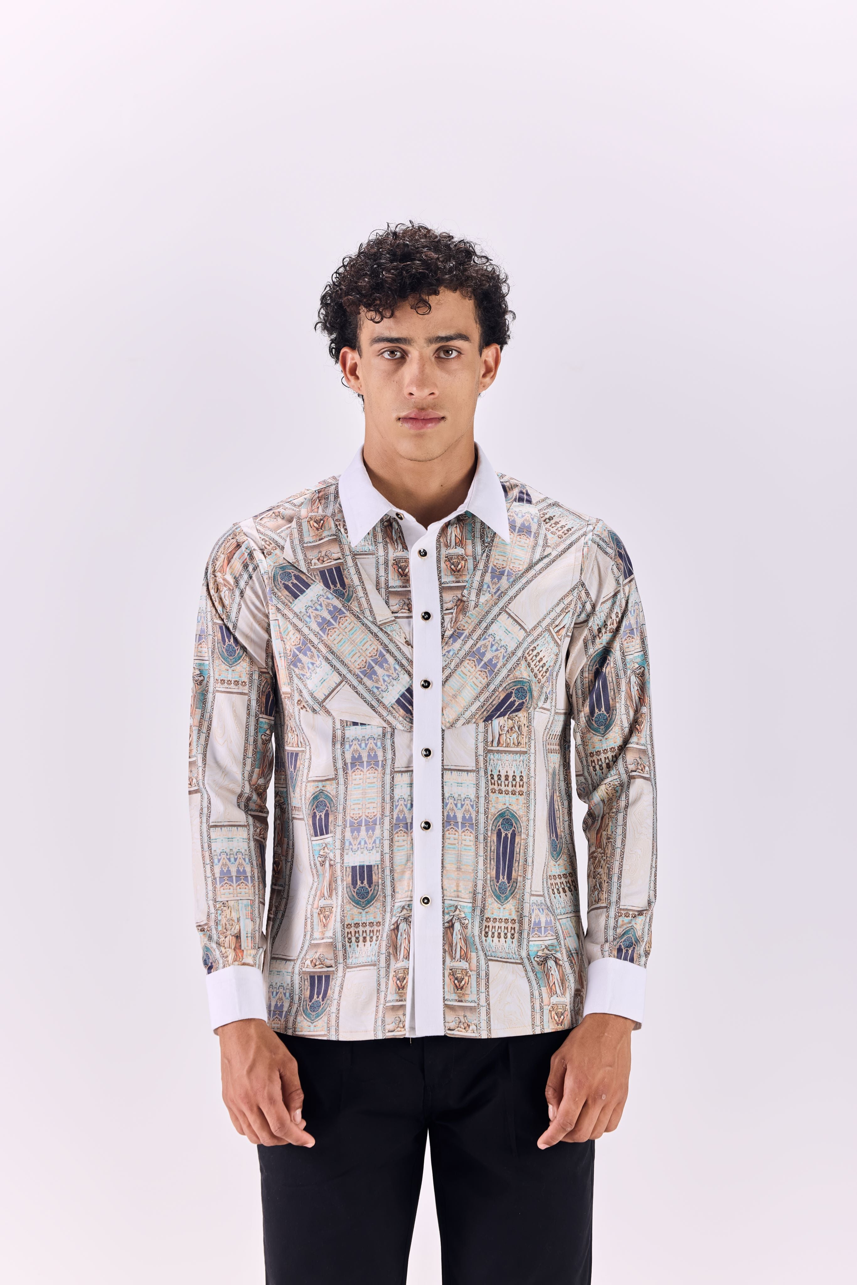 SAMMYUKK Contrast Collar Ancient Roman Print Button-Up Shirt - MULTICOLOR
