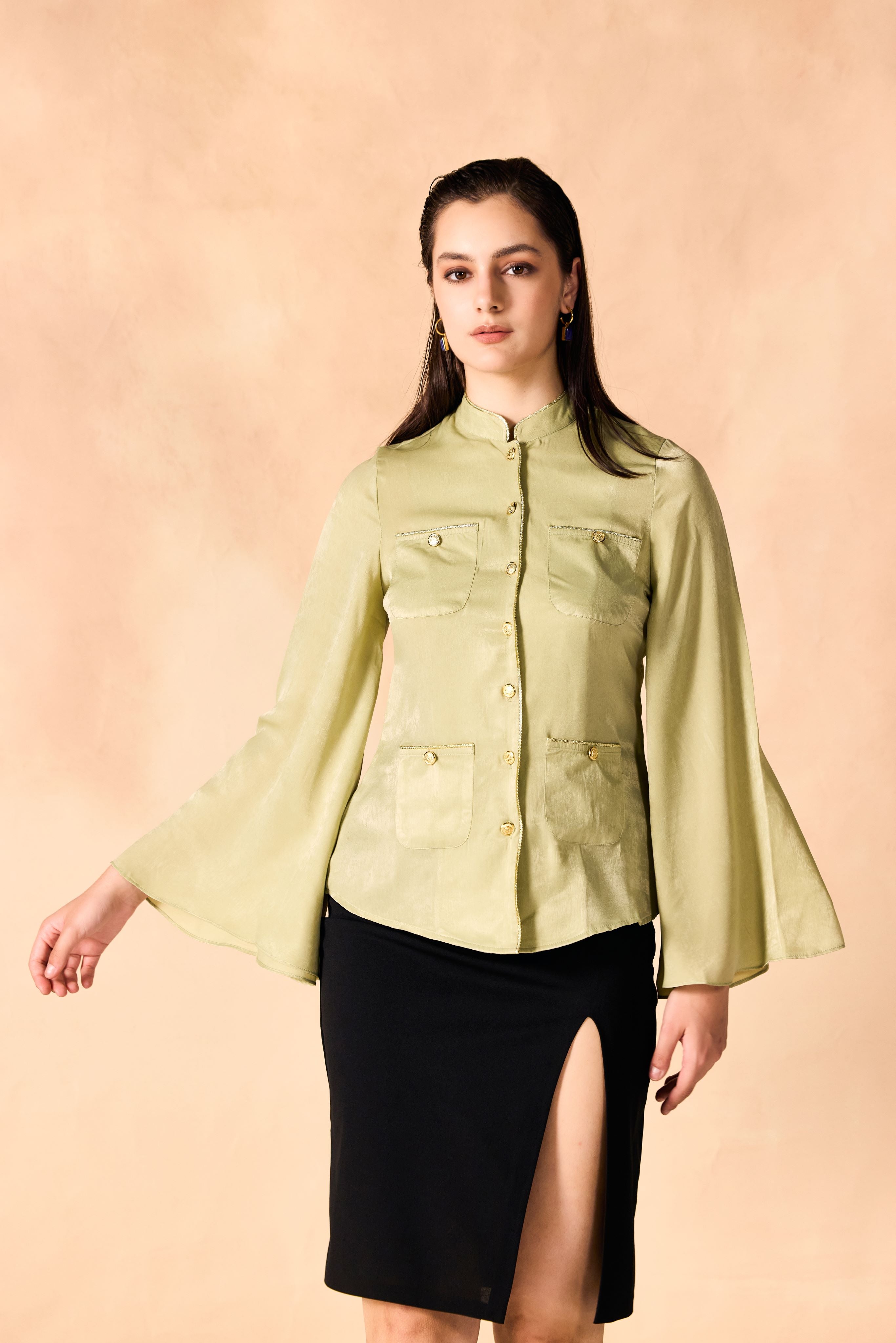 SAMMYUKK Gold Piped Trim Bell Sleeves Shirt - Tarragon Green