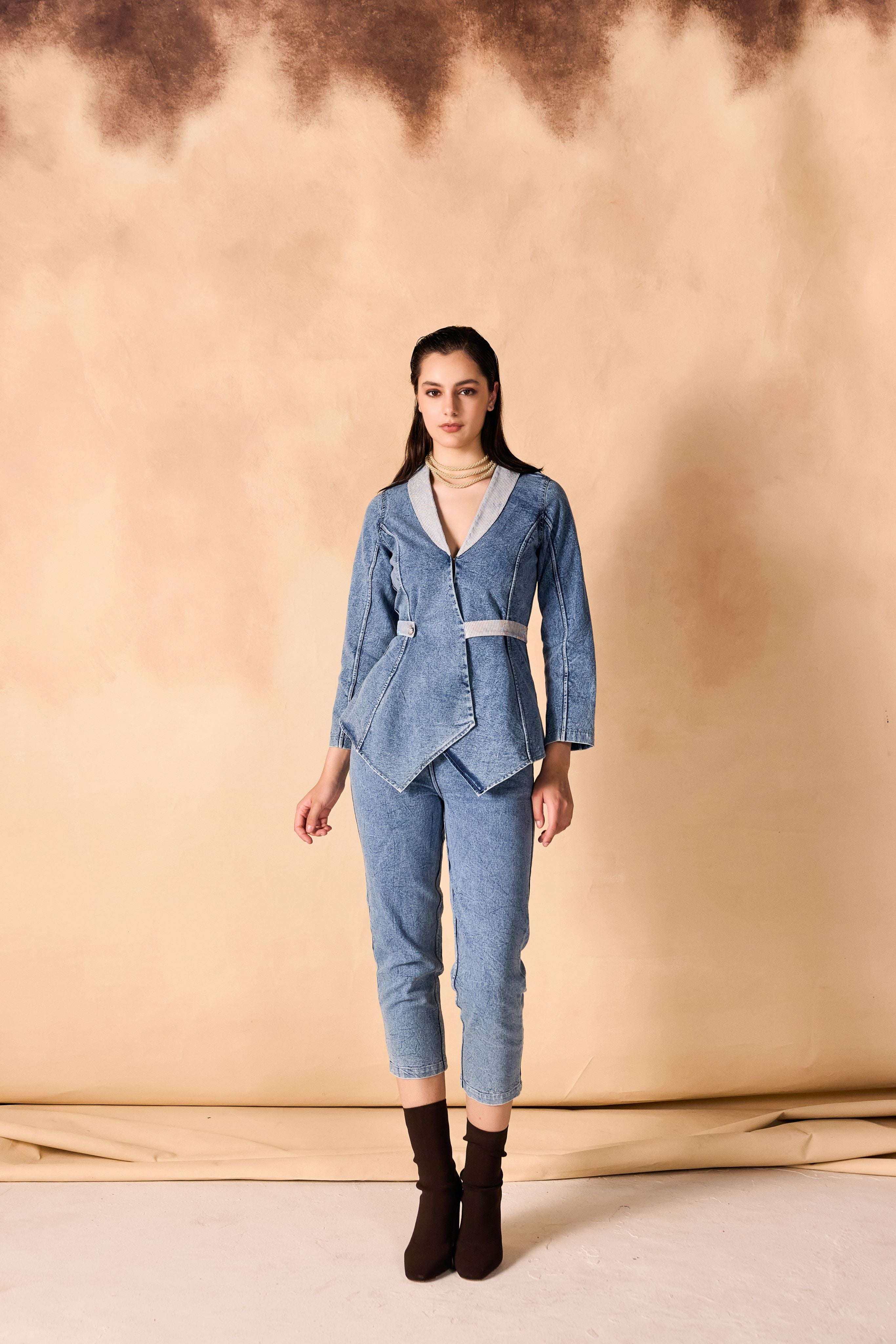 SAMMYUKK One-Button Jacket & Pant Acid Washed Denim Co-Ord Set - VINTAGE DENIM