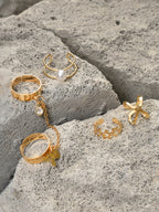 Set Of 4 Gold-Plated & White Pearls Beaded Finger Rings