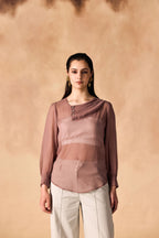 SAMMYUKK Pleated Pearl Buttoned Yoke Georgette Top - SEA FOG