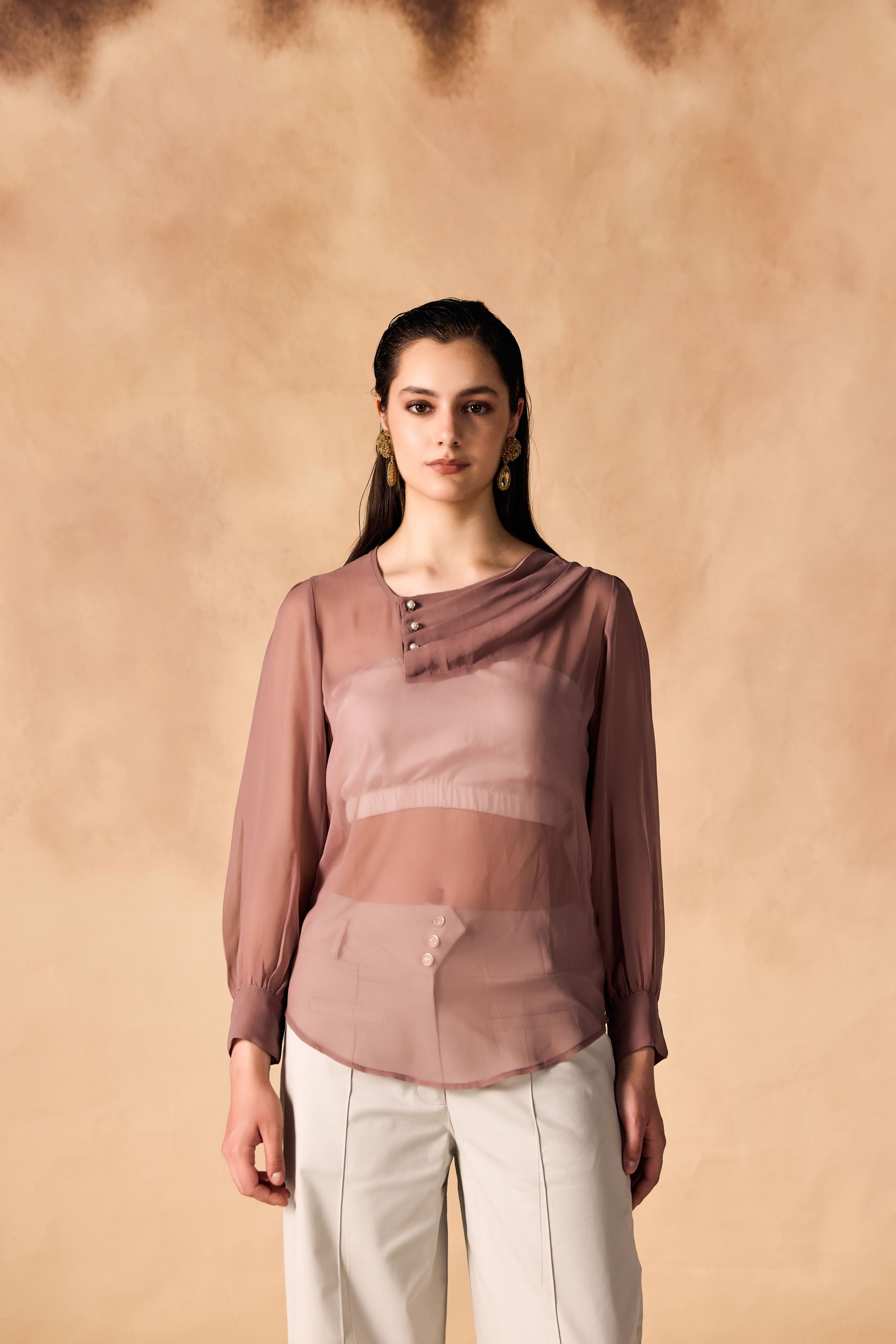 SAMMYUKK Pleated Pearl Buttoned Yoke Georgette Top - SEA FOG