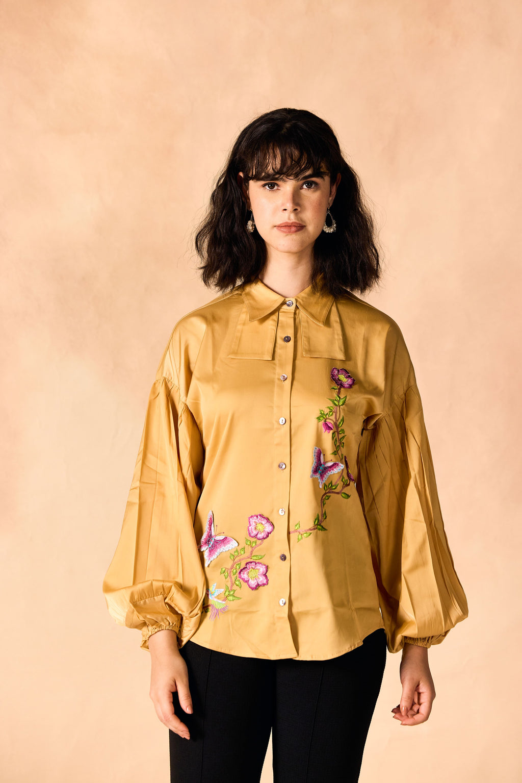 SAMMYUKK Floral Vine and Butterfly 3D Embroidered Shirt - Golden Cream