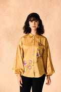 SAMMYUKK Floral Vine and Butterfly 3D Embroidered Shirt - Golden Cream
