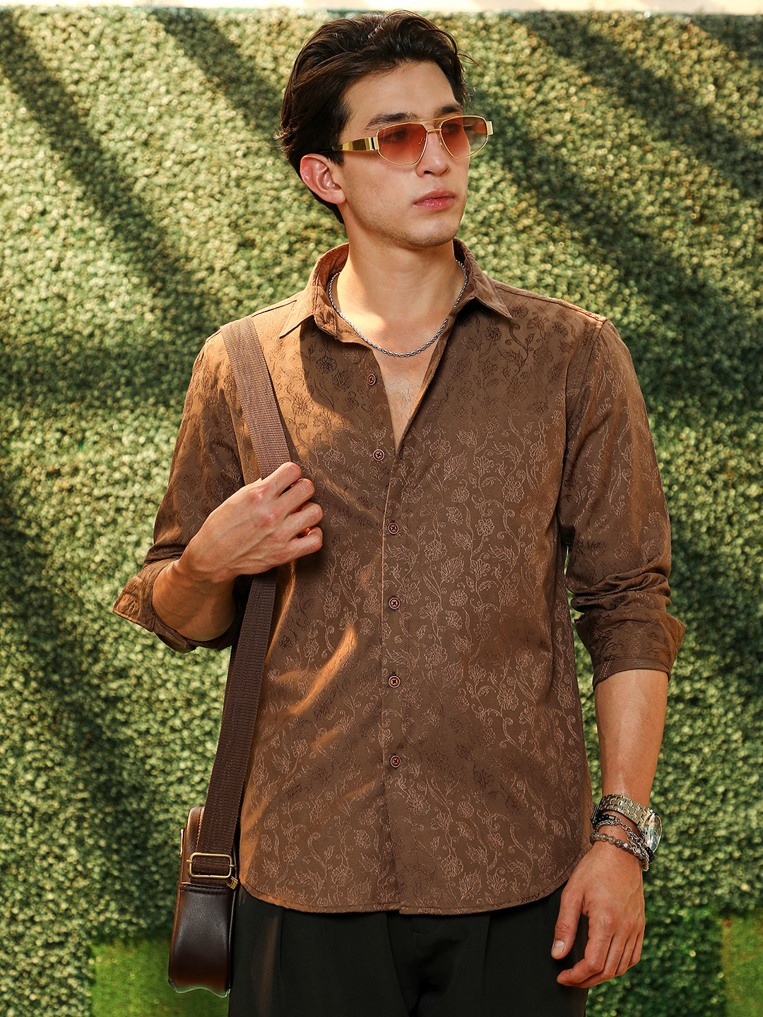 Campus Sutra Slim Fit Brown Floral Jacquard Shirt
