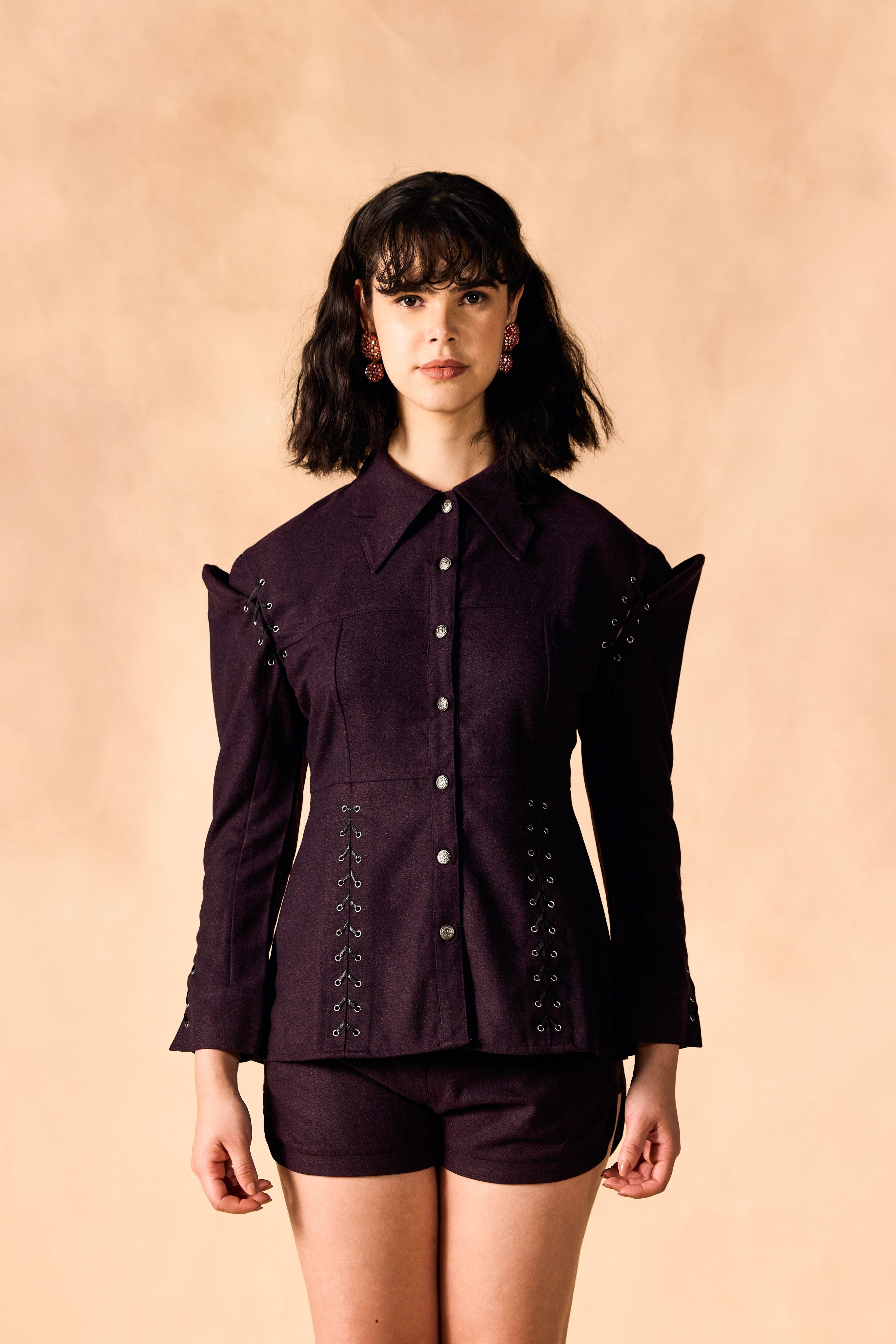 SAMMYUKK Slached Shoulder Paneled Peplum Shirt - Winetasting