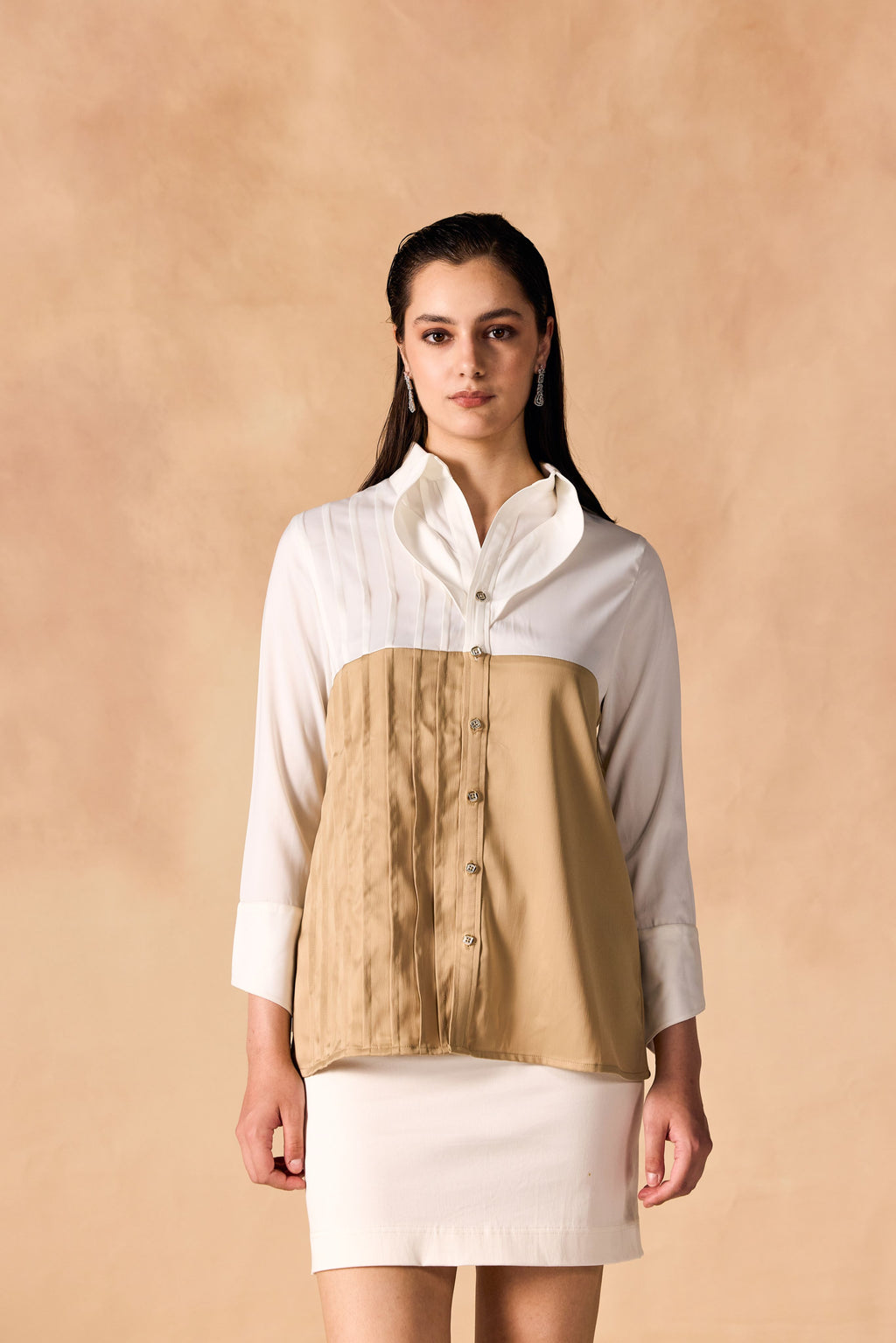SAMMYUKK Two-Tone Pintuck Pleated Button-up Satin Shirt - CHAMPAGNE GOLD