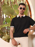 Campus Sutra Black Textured Polo T-shirt with Contrast Tipping