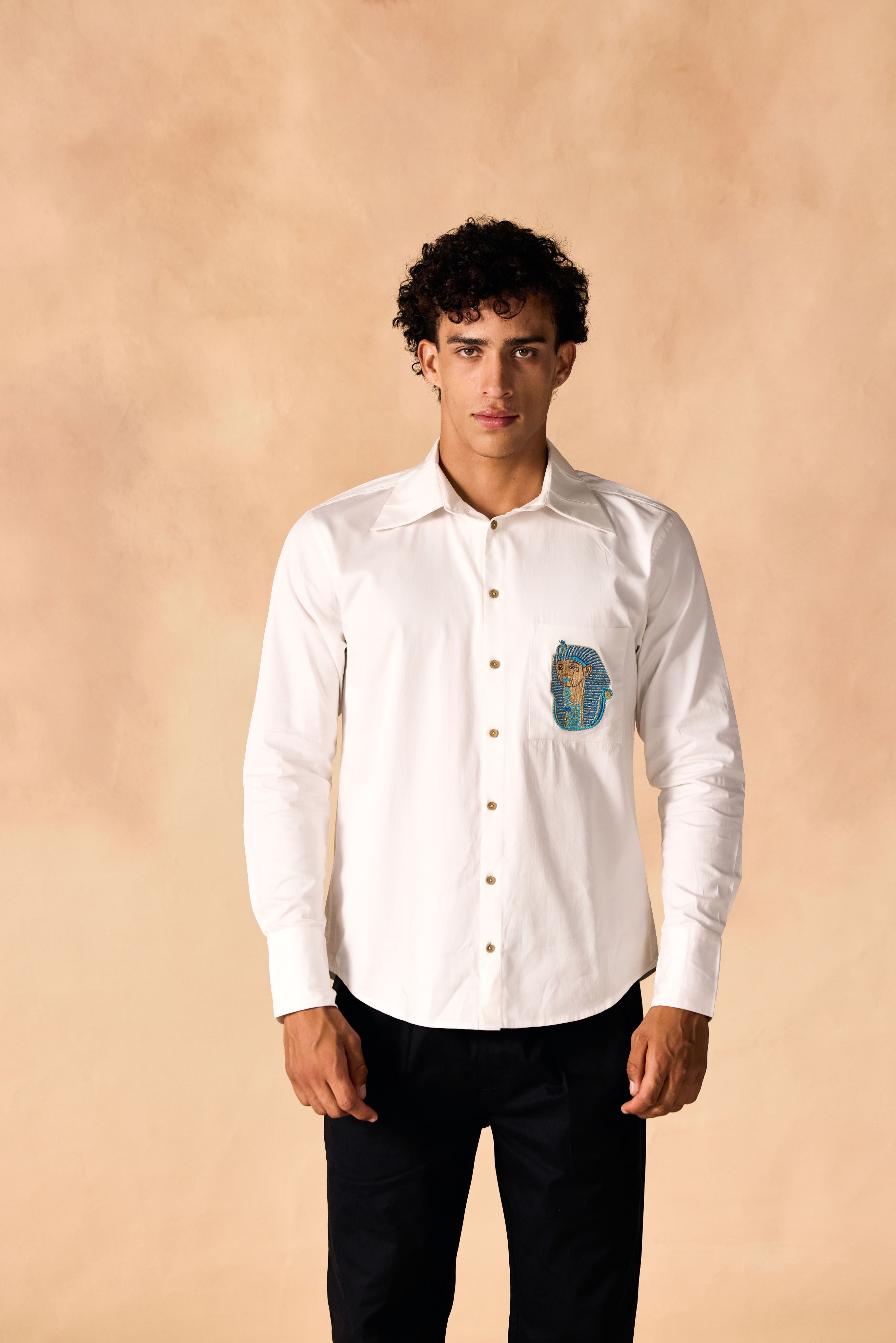 SAMMYUKK Pleated Collar Embroidered Shirt - Crisp White