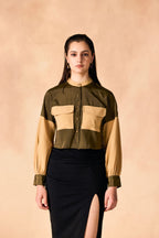 SAMMYUKK Colorblocked Button-Down Crop Shirt - BURNT OLIVE