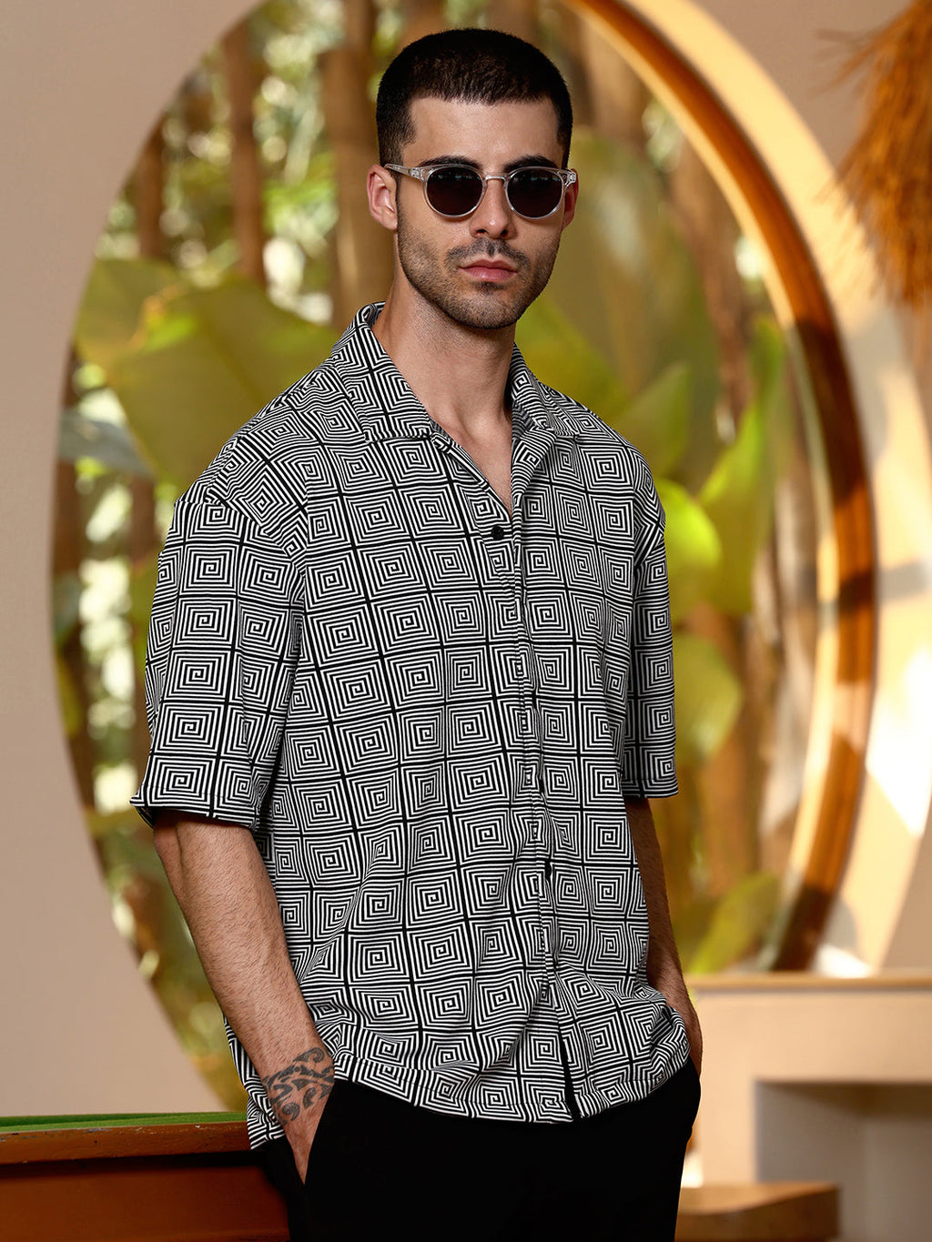 Campus Sutra Geometric Print Relaxed Fit Cuban Collar Shirt