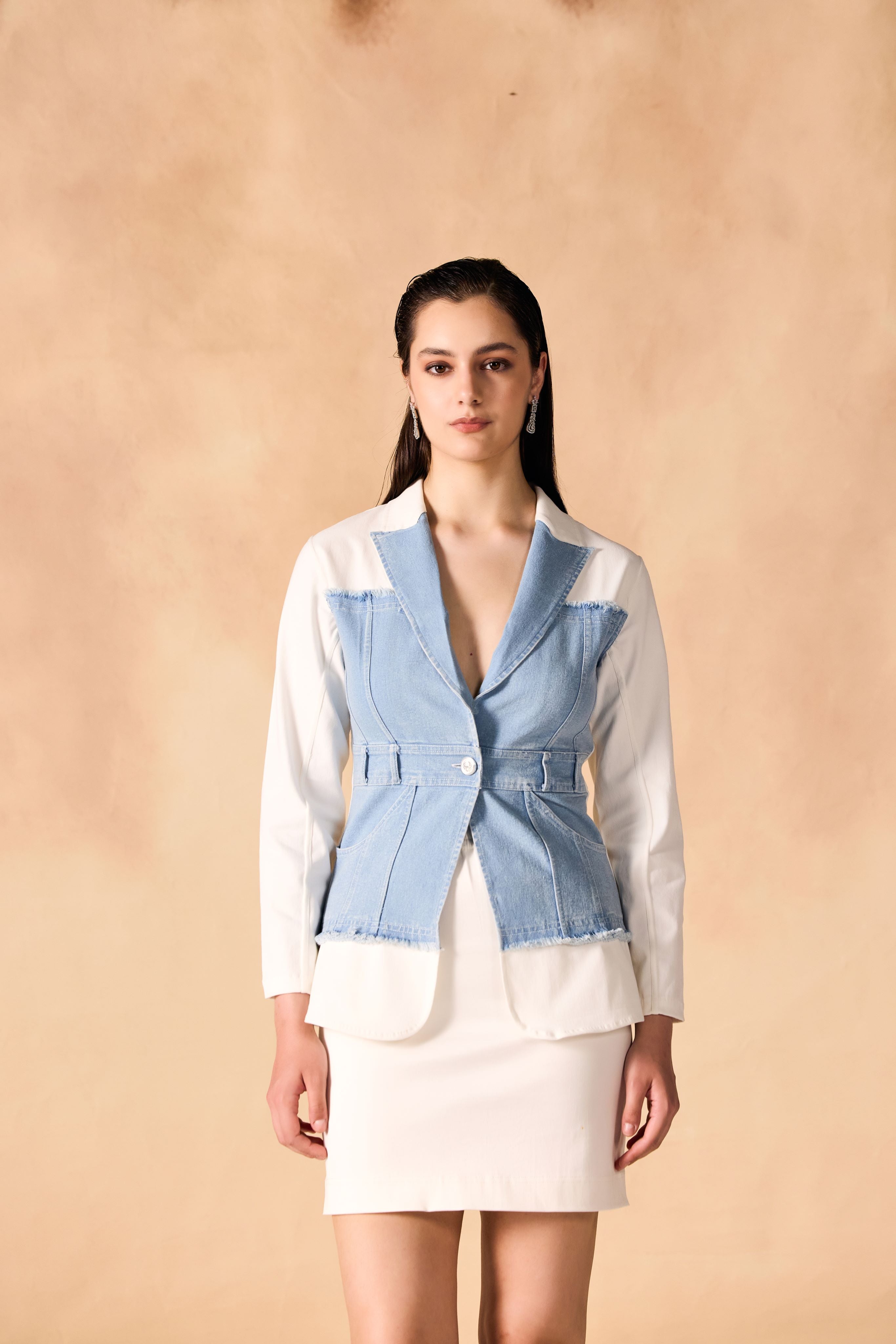 SAMMYUKK Panelled Denim & Twill Structured Jacket - ICE WASHED DENIM