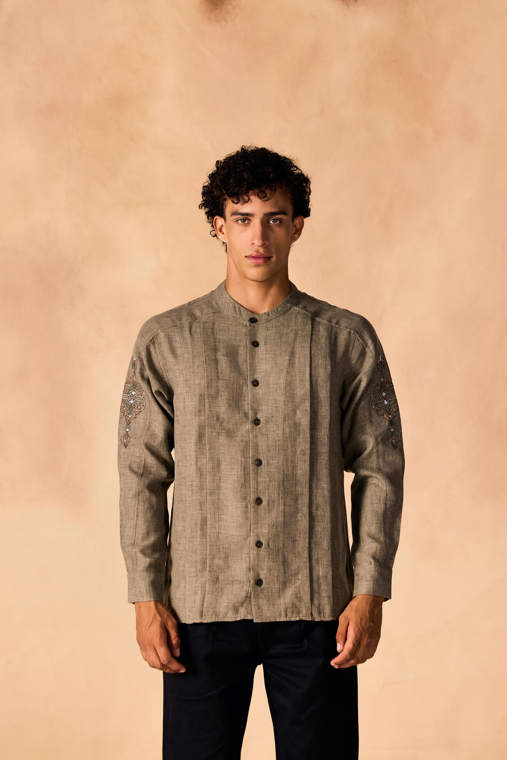 SAMMYUKK Renaissance Crown Embroidered Pleated Shirt - Grey Taupe