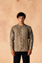 SAMMYUKK Renaissance Crown Embroidered Pleated Shirt - Grey Taupe