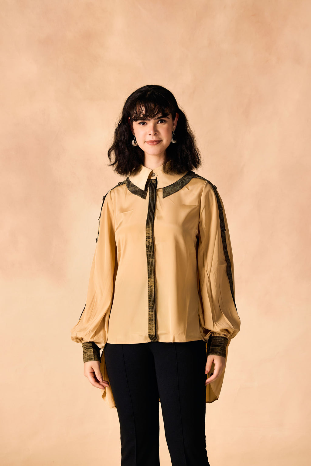 SAMMYUKK Contrast trim Double Collar Cape Shirt - Honey Beige