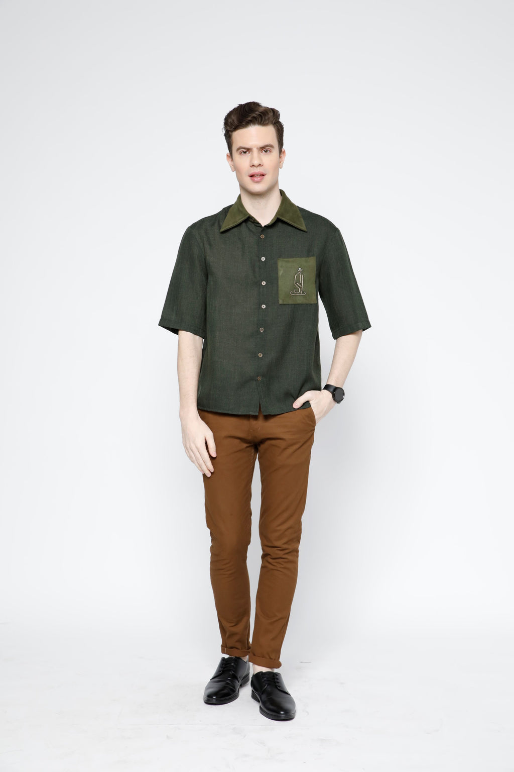 SAMMYUKK Embroidered Pocket Linen Shirt - Black Forest