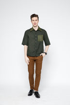 SAMMYUKK Embroidered Pocket Linen Shirt - Black Forest