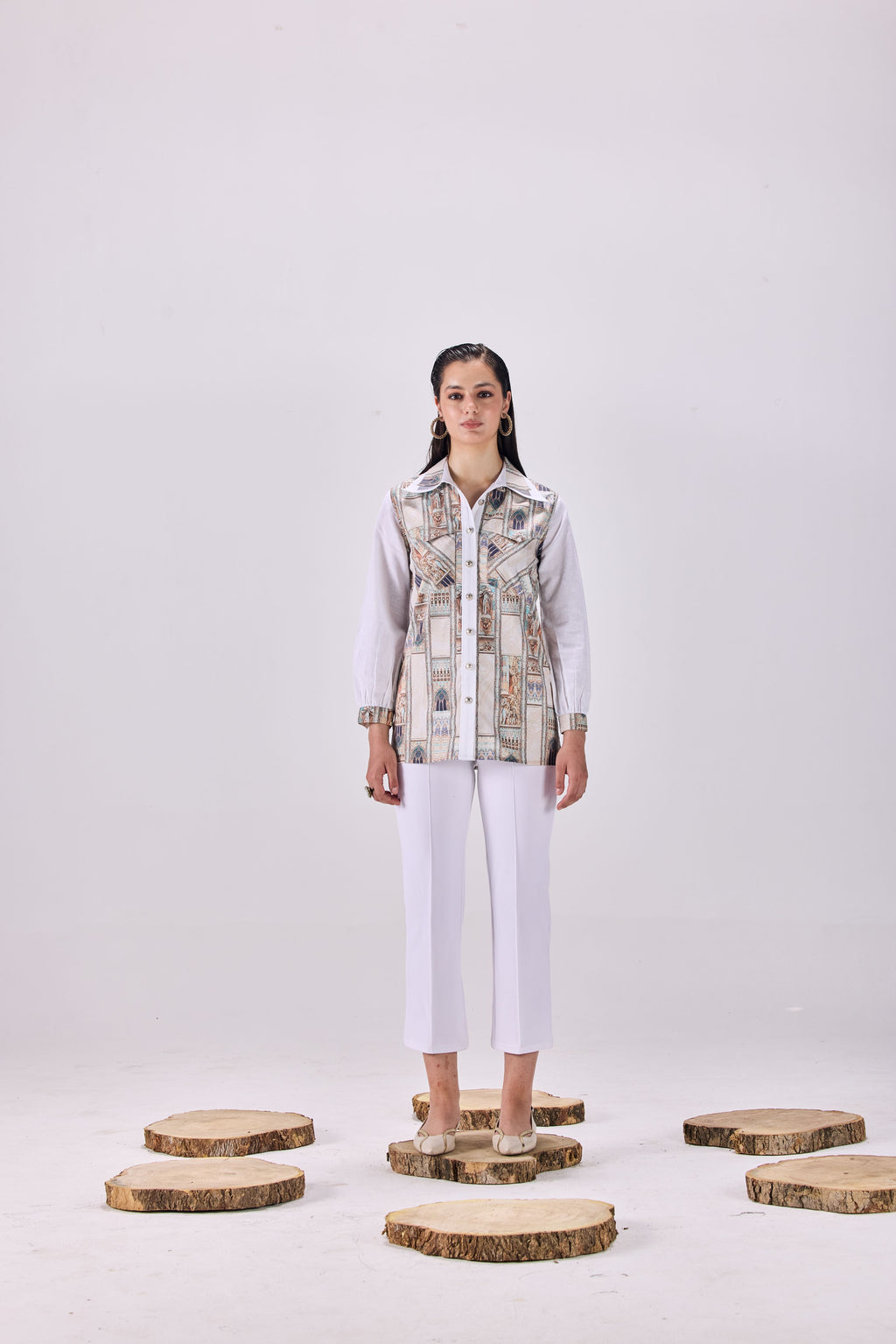 SAMMYUKK Double Collar Button-Up Ancient Roman Print Shirt - MULTICOLOR