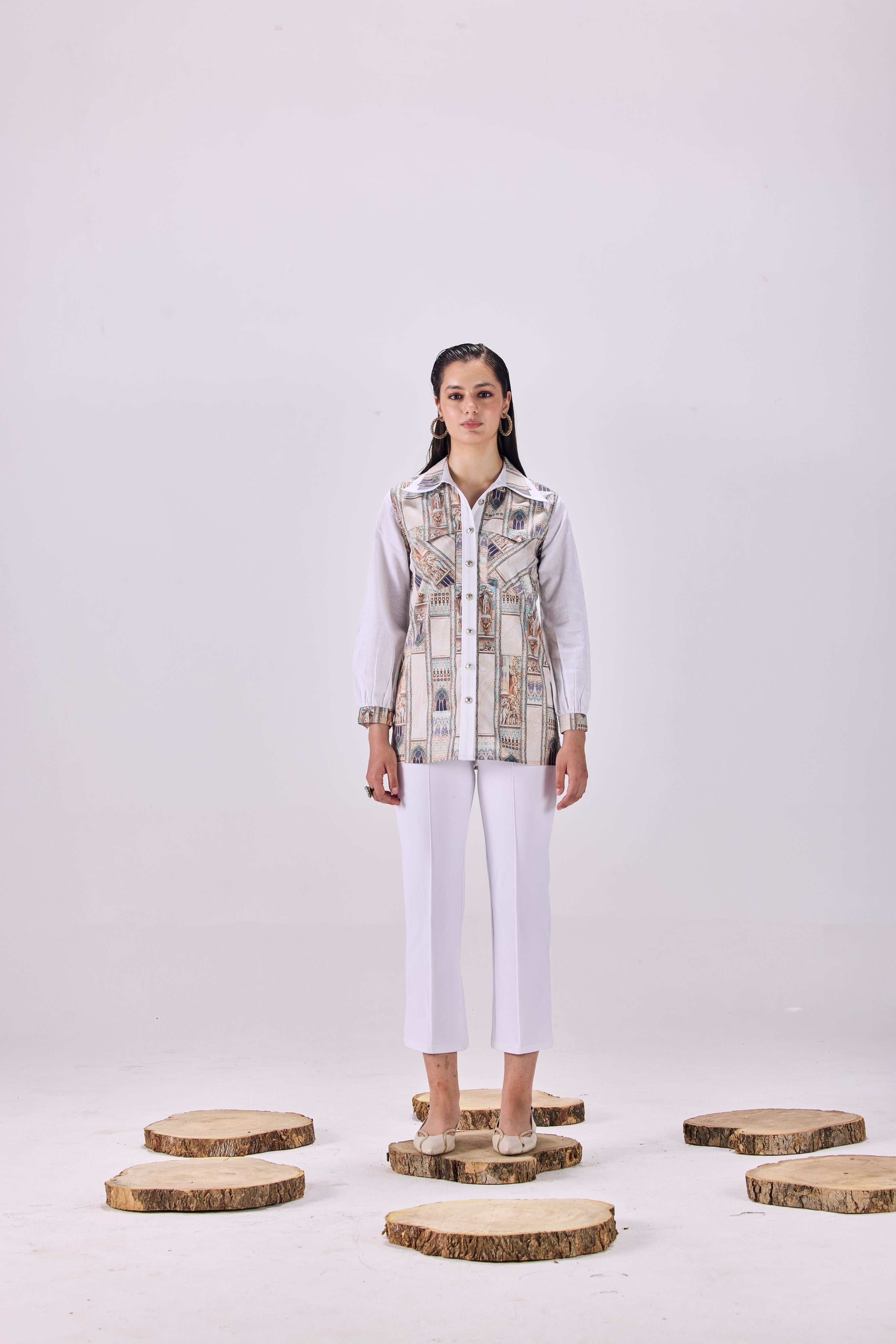 SAMMYUKK Double Collar Button-Up Ancient Roman Print Shirt - MULTICOLOR