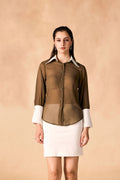 SAMMYUKK Button-Up Contrast Trim Georgette Sheer Shirt - DARK OLIVE