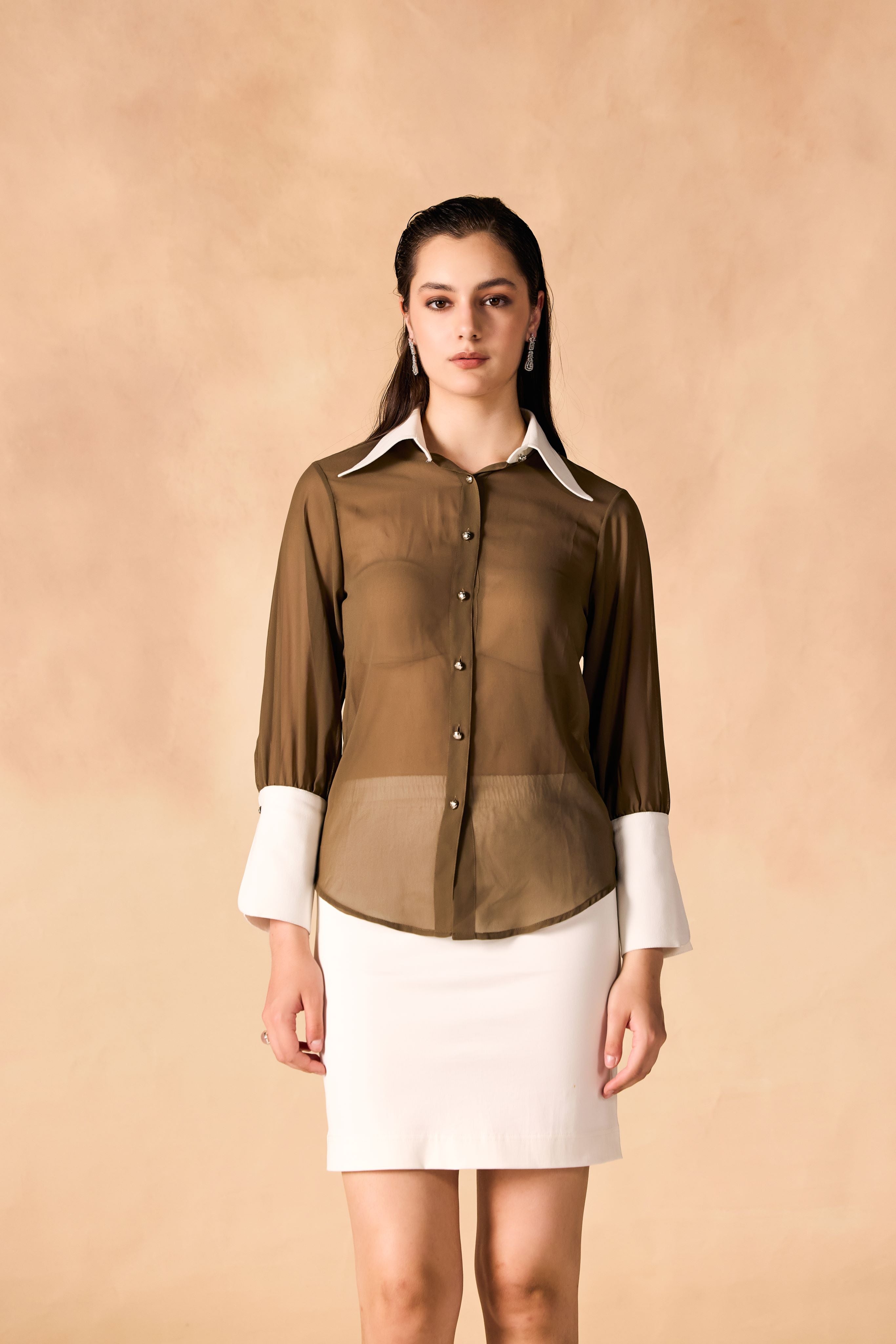 SAMMYUKK Button-Up Contrast Trim Georgette Sheer Shirt - DARK OLIVE