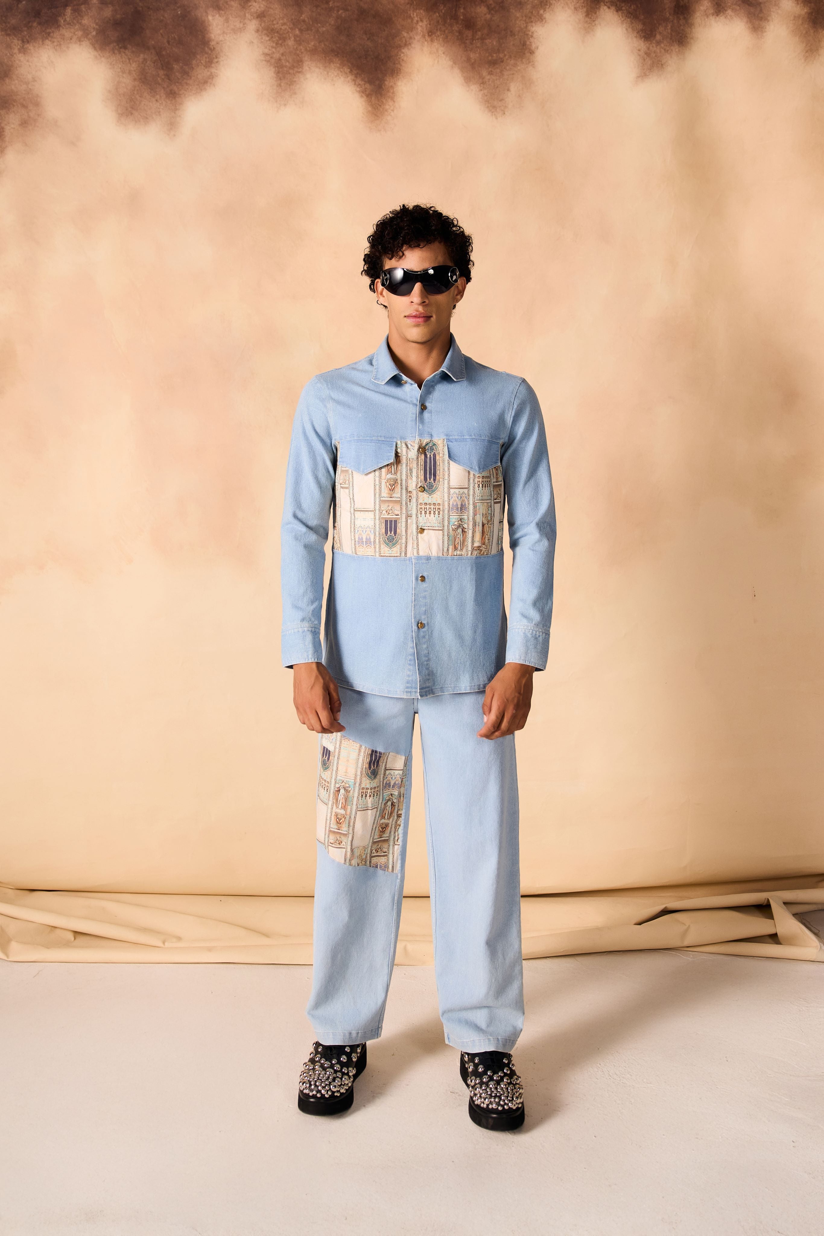 SAMMYUKK Ancient Roman Print Yoke Denim Shirt & Trouser Co-ord Set - ICE WASHED DENIM