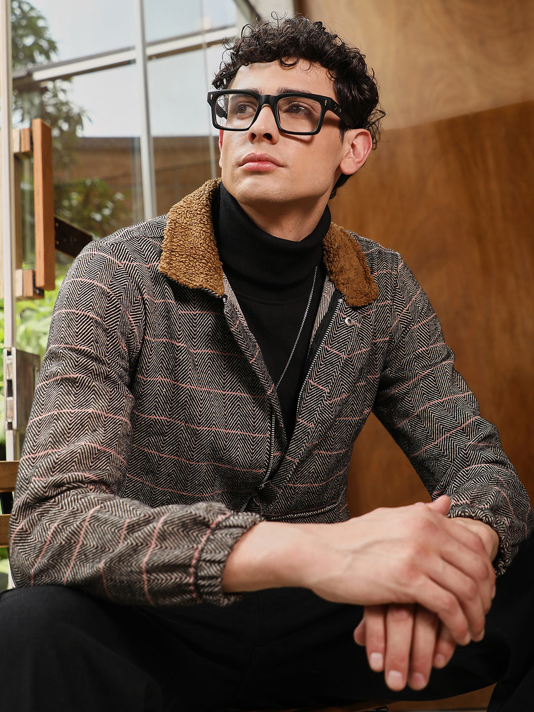 Campus Sutra Tartan Plaid Jacket With Fleece Collar